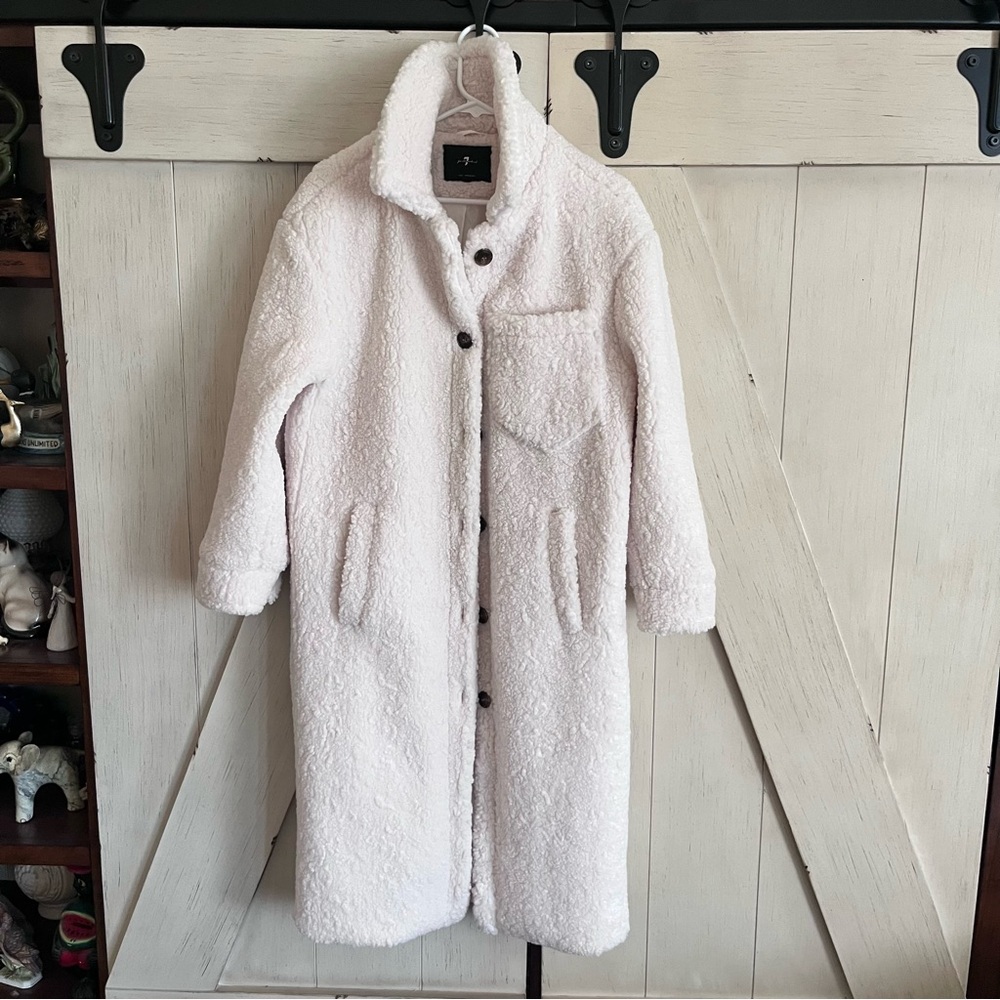 7 For All Mankind Long Teddy Sherpa Coat in Off-White, Pit to pit is 22 inches.